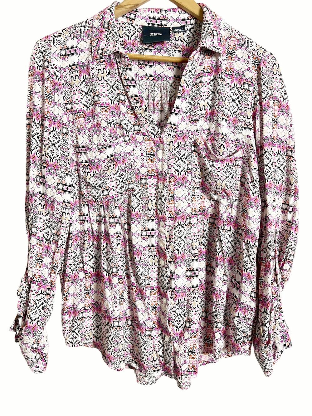 Anthropologie Maeve Islet Boho Print Long Sleeve White Pink Button Up Top Size M